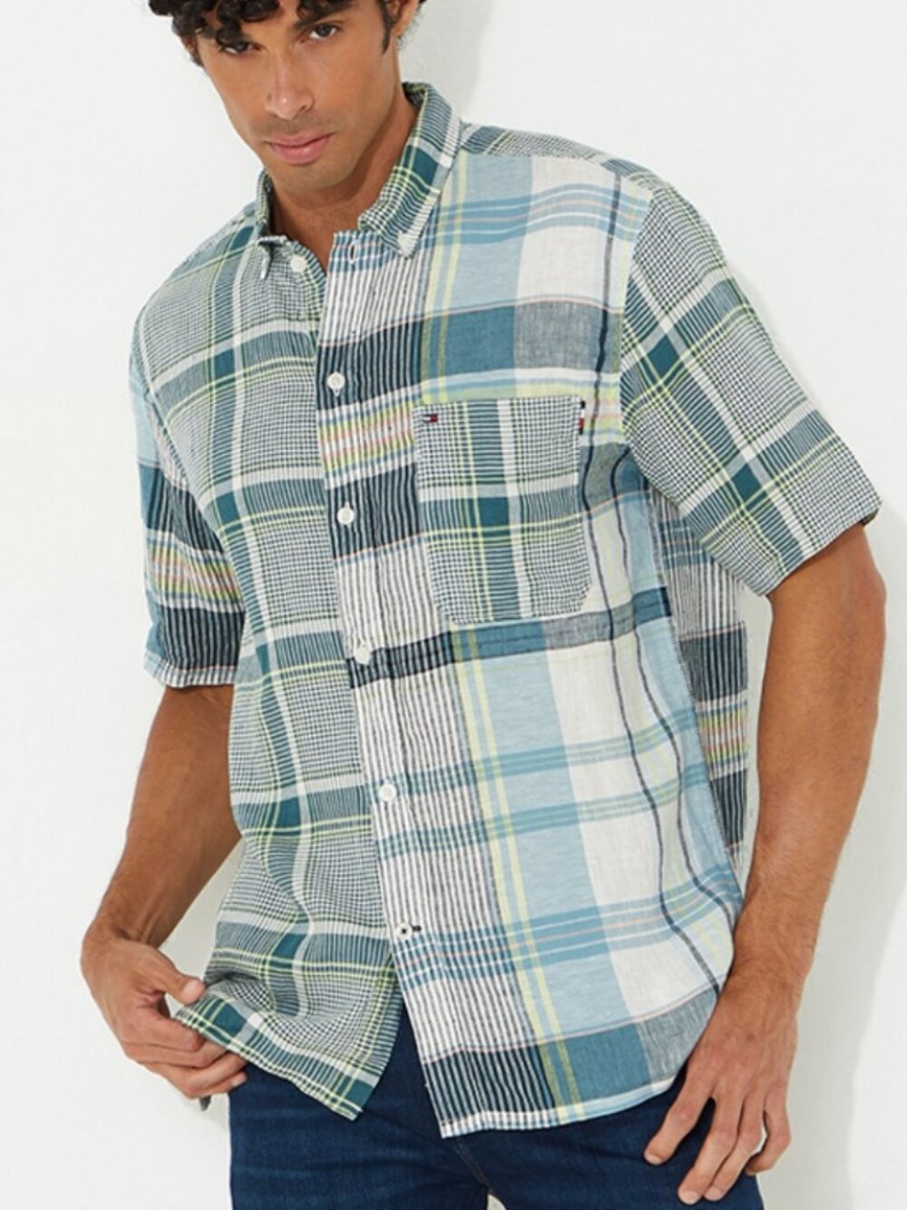 Tommy Hilfiger NWT Men's Size L Blue Madras Plaid Linen Blend Button Down Shirt